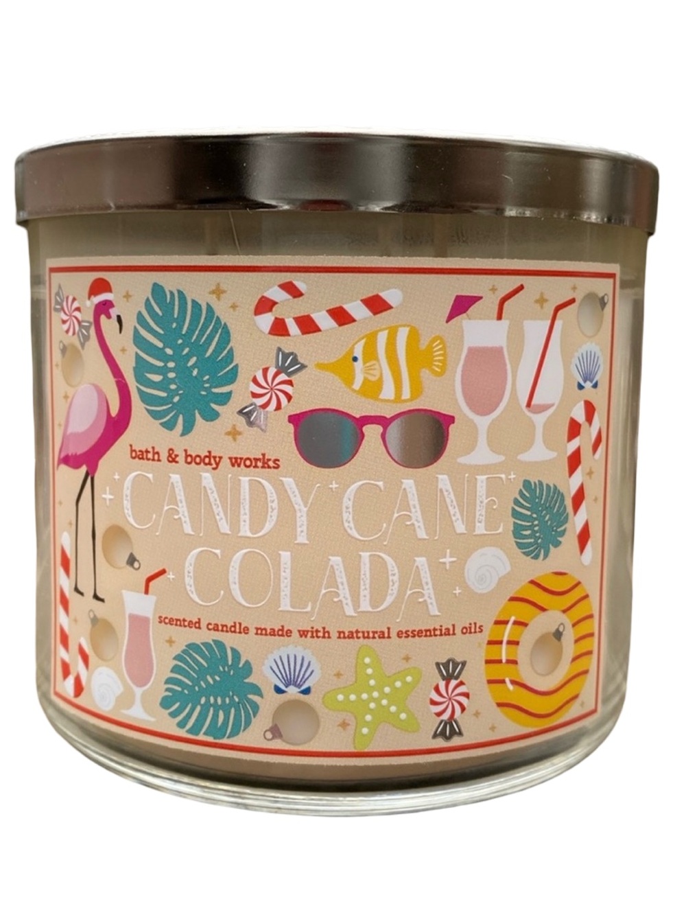 Bath & Body Works Candy Cane Colada 3 Wick Candle With Decorative Gold Lid